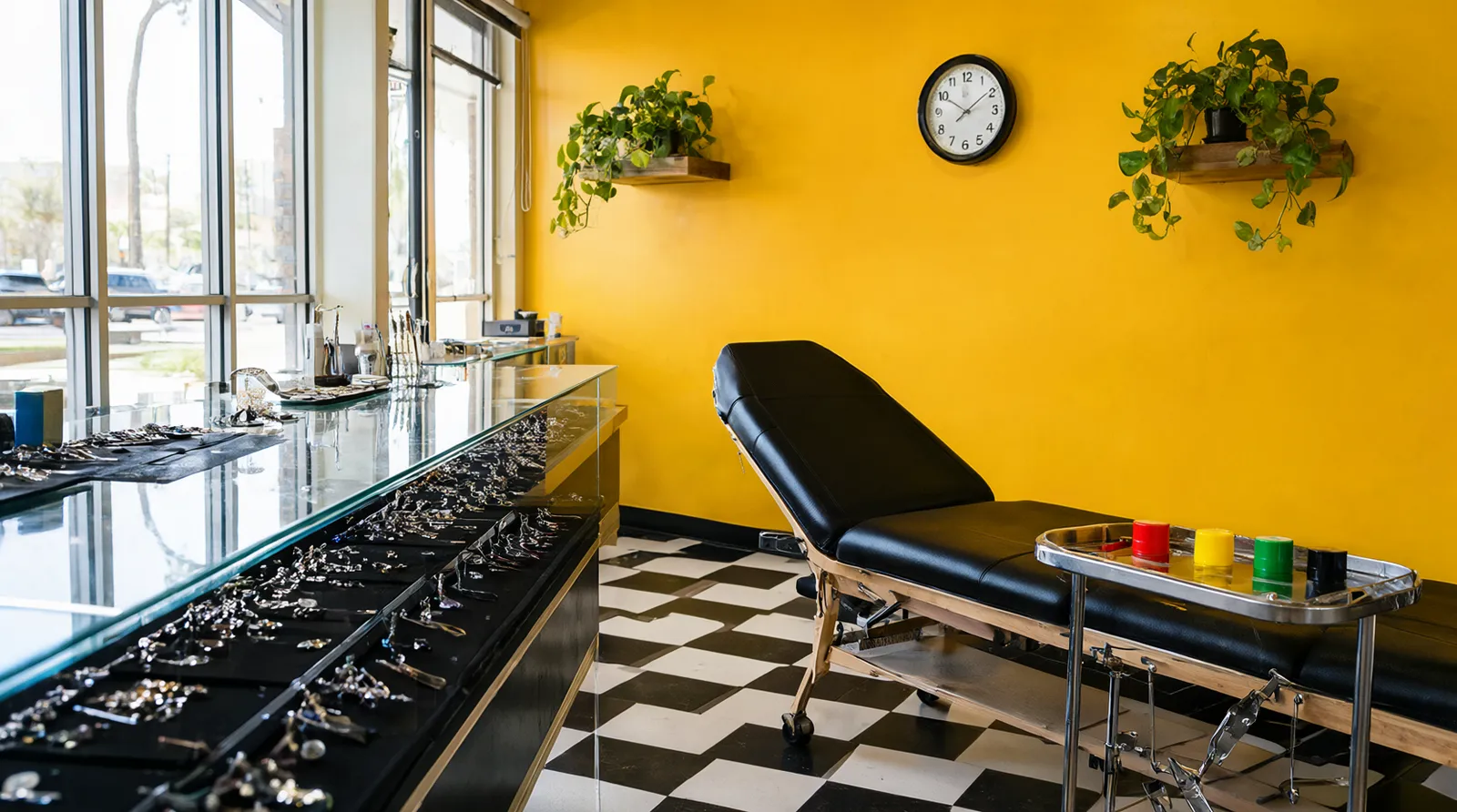 An empty black tattoo bed in a bright shop with a mustard-yellow wall, a round clock, hanging plants and a glass jewelry counter
