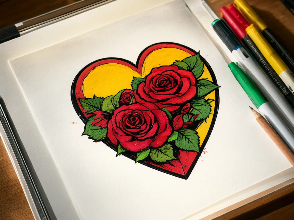 A drawing of a heart wrapped in red roses on a light box, with colored markers beside it