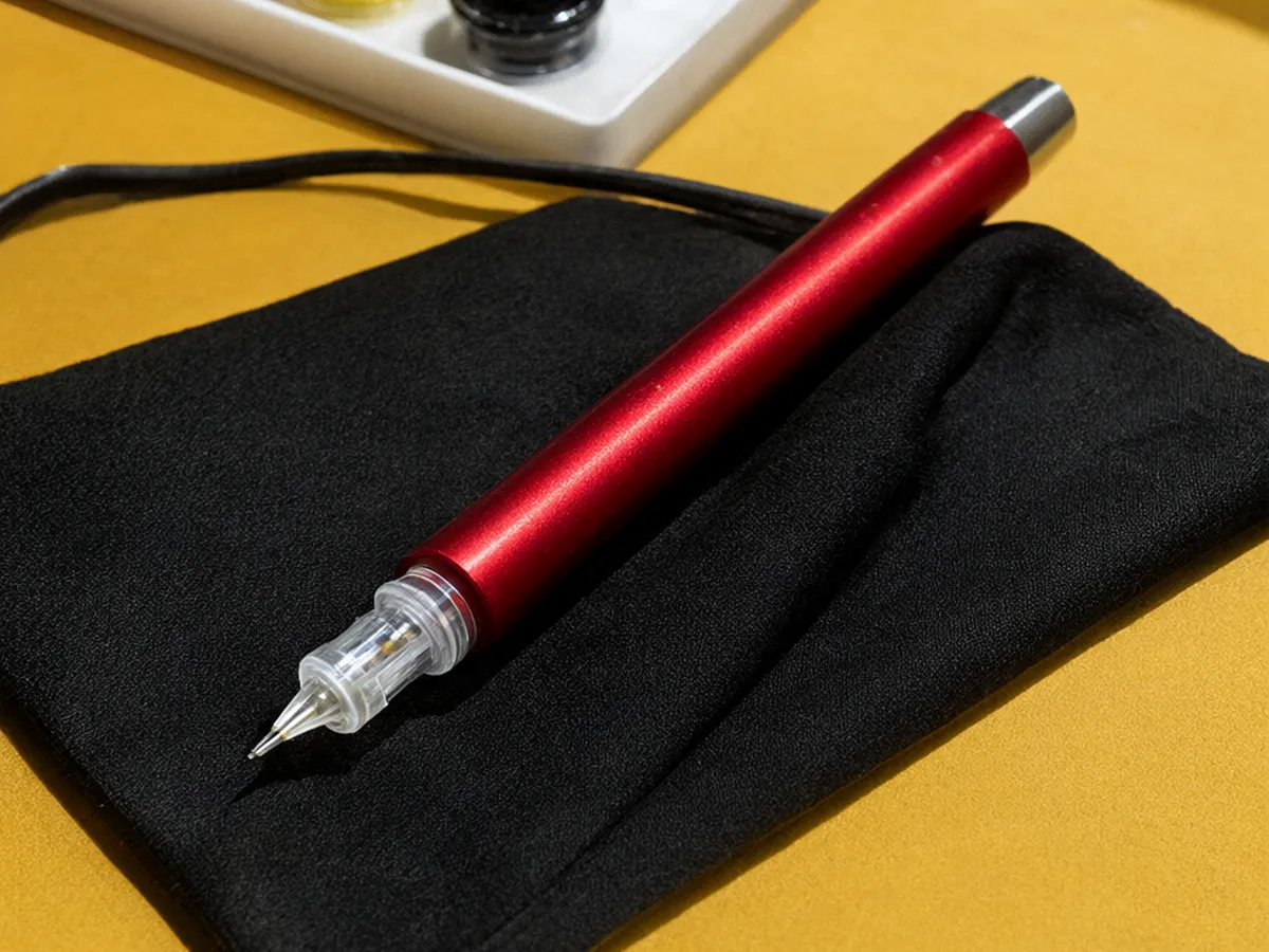 A red pen-style tattoo machine on a black cloth beside caps of red, yellow, green, blue and black ink